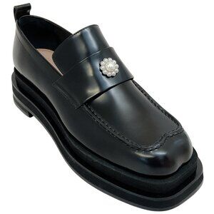 Simone Rocha Black Polished Leather Loafers with Pearl Embellishment